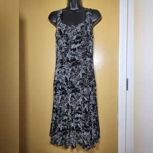 Chico’s Travelers City Scape Novelty Print Black Dress sz S